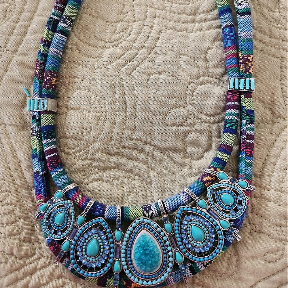 Colorful Wrapped canvas and  turquoise stone necklace